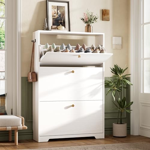 Nicetree Shoe Cabinet with 3 Flip Drawers, Narrow Shoe Organizer Cabinet, Freestanding Shoe Rack Cabinet, Morden Shoe Storage Cabinet for Entryway, Hallway, Foryer, White