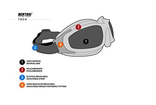 Motorcycle Goggles for Helmet - Antifog Lens - Adjustable Strap - Mat Black - by Bertoni Italy AF113A Smoke Lens - Wraparound Windproof Motorbike Goggles