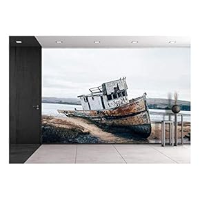 Stranded Boat by The Riverside - Removable Wall Mural | Self-Adhesive Large Wallpaper - 66x96 inches