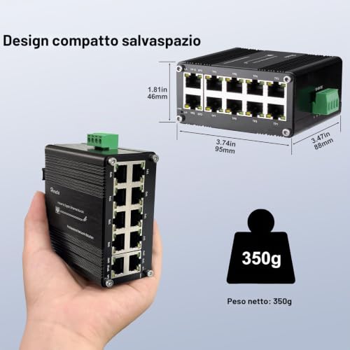 Industrial Ethernet Switch 10 Port Gigabit Ethernet Splitter 10/100/1000Mbps 10 x RJ45 Ports Plug & Play for PC NAS Server Router Monitor Game Console