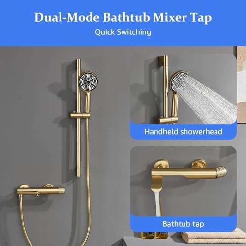 Bath Faucet with 3 Jets, Wall Mounted Bath Mixer Tap with 90° Rotating Spout, 1.5 m Flexible and Bracket, Bathroom Mixer Tap in Brass (Brushed Gold)
