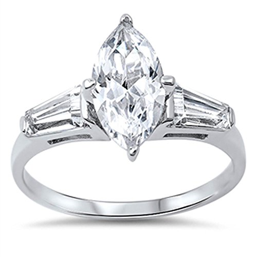 Sterling Silver Baguette Accent Marquise CZ Solitaire Engagement Ring 14MM ( Size 5 to 10 ), 6