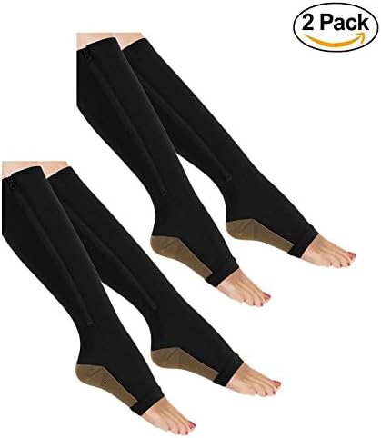 Starmace 2 Pack Copper Open Toe Zipper Compression Socks Knee High Leg Calf Circulation Stocking Support (Black, S/M)