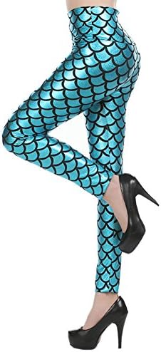 Grazing Women's High Waist Stretch Mermaid Scales Digital Printing Full Length Leggings (Regular, Blue)