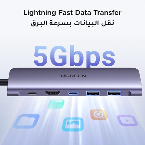UGREEN Revodok USB C Hub 7-in-1 with [High-Speed] SD/TF Card Reader, 4K HDMI, Data Ports, 100W PD Charging [Braided Cable], USB-C Multiport Adapter for Windows, MacBook Pro, Monitor, Camera