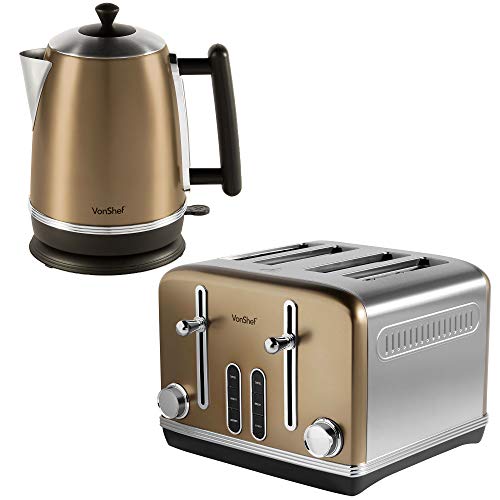VonShef Champagne Kettle and Toaster Set | 4 Slice Toaster with Browning Control and Removable Crumb Tray | 1.7L Kettle with Water Level Indicator and Automatic Switch Off
