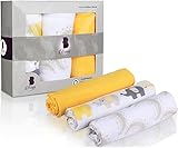 100% Organic Cotton Muslin Baby Swaddle Blankets for Newborn, BOY, OR Girl, Unisex – 47 x 47 inches, 3 Pack, Elephants, Animals, Yellow, Gray