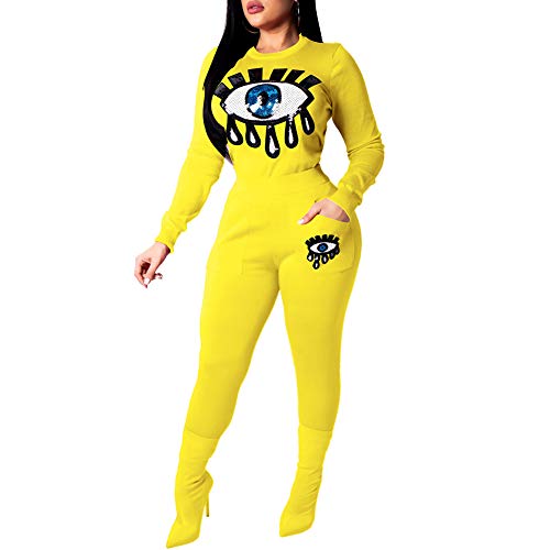 ChengQi Womens 2 Piece Outfits Fashion Casual Eye Sequins Round Neck Long Sleeve Tracksuit Jumpsuit Set(Eye Yellow-L)