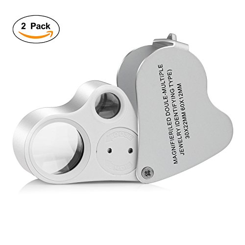 Jewelry Loupe,2 Pack 30X 60X Illuminated Jeweler’s Loupe Jewelry Magnifier Jeweler's Eye Loupe Magnifier Magnifying with LED UV Lighting, 2 Lens Design