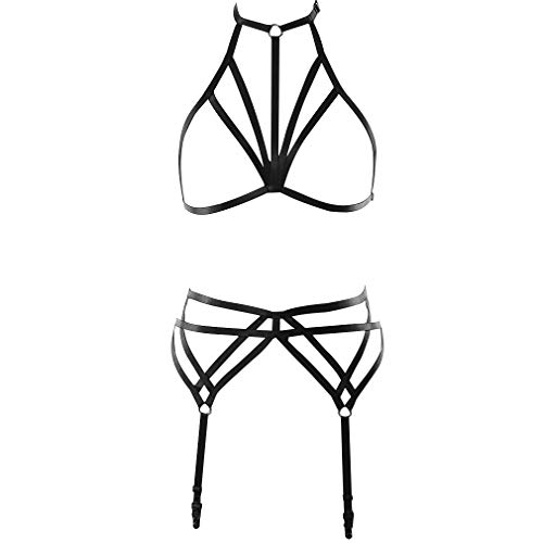 Strappy Harness Full Set Women Punk Gothic Bra Plus Size Body Caged Garter Belt (Black)