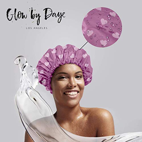 Large Satin Lined Shower Cap- Adjustable, Waterproof, Satin Interior for Hair Protection, Designed for Large, Long, or Natural Hair, Reusable Cap by Glow by Daye (Pink Hearts/Lavender