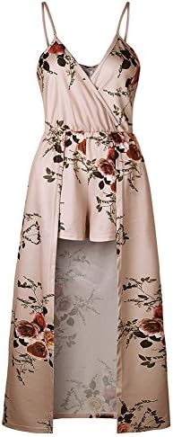 WECHERY Women's Sleeveless V Neck Floral Print Split Beach Party Maxi Romper Jumpsuit Dress