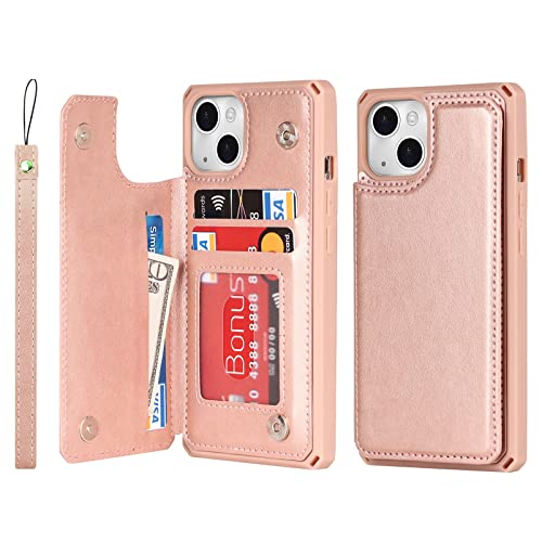 Jaorty Fit iPhone 13 Wallet Case with RFID Blocking Card Holder,PU Leather Double Magnetic Buttons Stand Flip Wrist Lanyard Strap Back Cover for iPhone 13 6.1 Inch,Macaron Rosegold