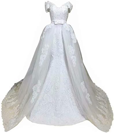 DingDingMail 2019 Luxury Off-Shoulder Lace Mermaid Wedding Dresses with Detachable Skirt Applique Corset Back Bridal Gowns