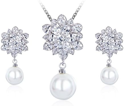 Wordless Love Gorgeous Marquise CZ Bridal Wedding Pearl Earrings and Necklace Set White