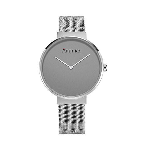 Ananke Men's Quartz Minimalist Wrist Watch Waterproof with Silver Stainless Steel Mesh Bracelet Grey Analog Dial Scratch-Resistant Face