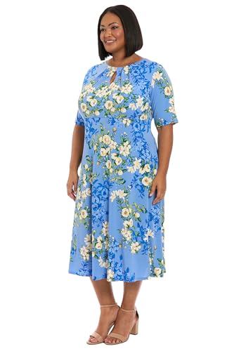 London Times Women’s Dresses Women’s Empire Waist Three Quarter Sleeve A-Line Midi – Keyhole Neck – Wedding Guest Dress, Della Robbia Blue/Yellow, 12