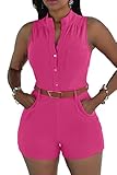 Prograce Woman V neck Button Sleeveless Short Jumpsuit Party Suit Pink XL
