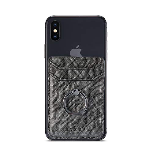 Phone Card Holder with Ring Grip for Back of Phone,Adhesive Stick-on Credit Card Wallet Pocket for iPhone,Android and Smartphones (Black)