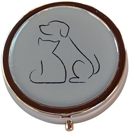 Dog and Cat Silhouette Round Compact Three Section Pocket/Purse/Travel Pill Box Case (Black and White)