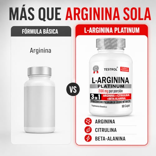 Arginina Platinum 2100mg por porción | L Arginina + L Citrulina + Beta Alanina | Pre Workout | Pre Entreno sin Cafeina | Precursor de Oxido Nítrico | Testrol TSN (90 Cápsulas).