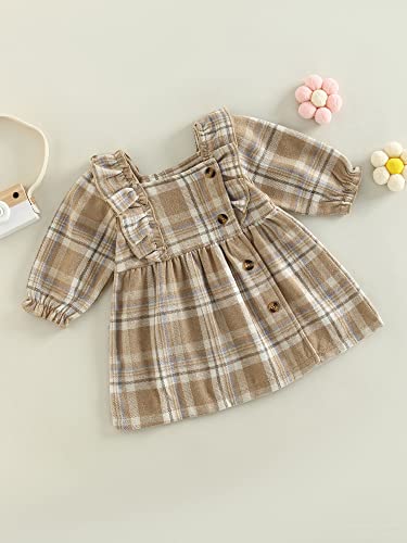 VISGOGO INFANT BABY GIRLS PLAID DRESS RUFFLES LONG SLEEVE BUTTONS SQUARE NECK A-LINE DRESS FALL WINTER CLOTHES (KHAKI, 18-24 MONTHS)