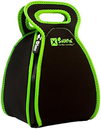 Smart Neoprene Lunch Box that Converts to a Placemat - For Kids School or Office, Machine Washable, Lightweight and Insulated! LARGE Black/Green
