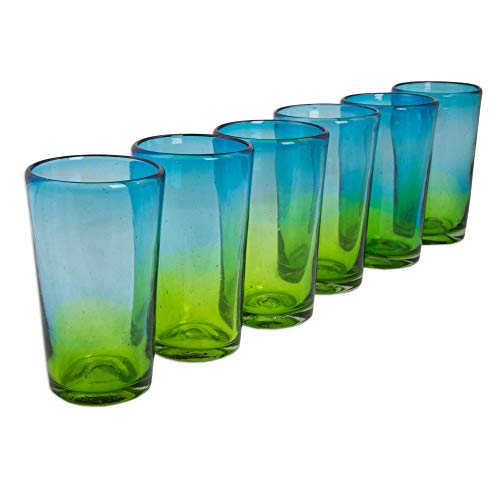 NOVICA Hand Blown Recycled Glass Blue And Green Ombre Highball Glasses