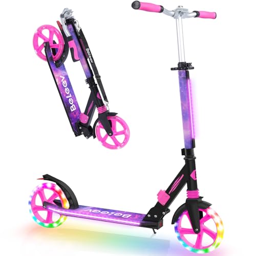 BELEEV Big Wheel Scooter with LED Luminous Steering Column, Deck, Height Adjustable, ABEC-9, 200 mm Wheels, Suspension, Carry Strap, Foldable City Scooter Children from 6 Years, Teenagers, Adults