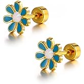 18G Cute Daisy Flower Flat Screw Back Tiny Stud Earrings for Stainless Steel Gold Plated Women Ladies Dainty Enamel Floral Studs Sleeper Tragus Post Hypoallergenic Piercing Fashion Jewelry