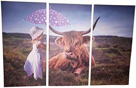 Very artistic Giclee Artwork Wall Art Painting Print on Canvas Home Decor Decoration Artwork 3 Panel Stretched by Wooden Frame and Ready to Hang Girl Umbrella Grasslands Cow