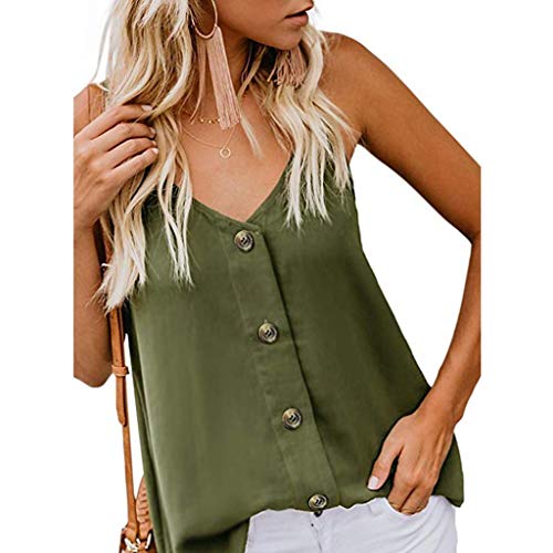 FarJing Women's Button Down V Neck Strappy Tank Tops Loose Casual Sleeveless Shirts Blouses (L, z-Green) - Thumbnail 4
