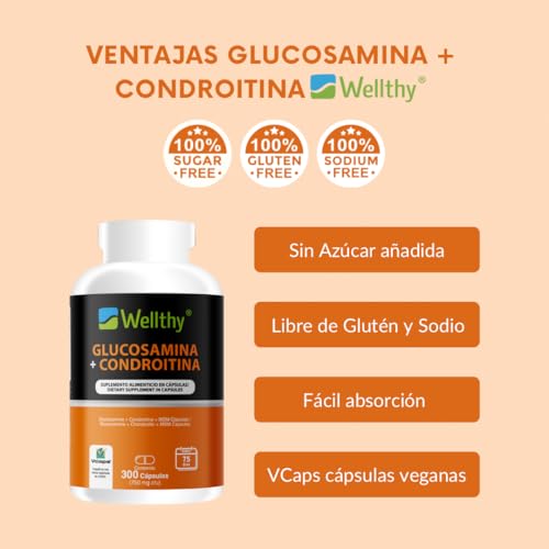 Wellthy Glucosamina 1500mg, Condroitina 1200mg, MSM 300mg. 300 Cápsula de Origen Vegetal, OptiMSM® (USA). Calidad Certificada.