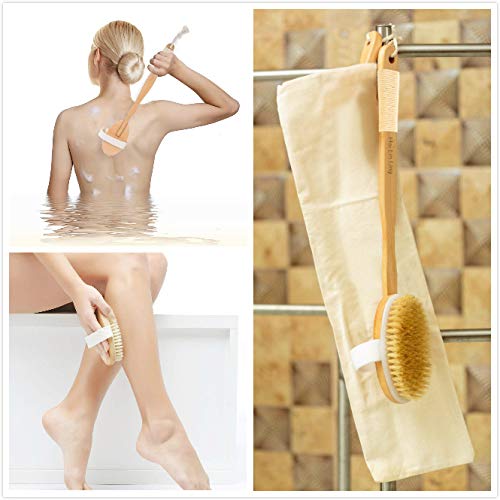 2pcs Shower Brush Bath & Dry Skin Body Brushing, Back Scrubber with Anti-slip Long Detachable Wooden Handle, 100% Natural Bristles, Perfect for Exfoliating, Detox and Cellulite, Blood Circulation - Thumbnail 3