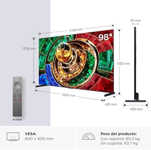 98RM9L Televisor 98 Pulgadas RGB-Mini LED 4K Smart TV, HDR 6000 nits, 11520 RGB Dimming, 144Hz Game Accelerator 288Hz FHD, Bang & Olufsen, Dolby Vision IQ, Procesador TSR AiPQ, Google TV