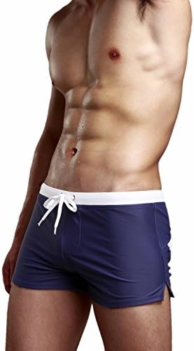 HuaTu Men Square Leg Swimwear Swimsuit Swim Trunks Boxers Briefs Shorts With Front Drawstring Back Zipper Pocket (L: Waist 30"-32", Dark Blue and White)
