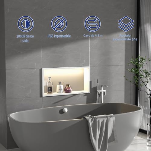 Bernkot Stainless Steel Shower Nische 600 mm x 300 mm White with LED Light Waterproof No Tile Needed for Bathroom Storage Over Installation Mounted