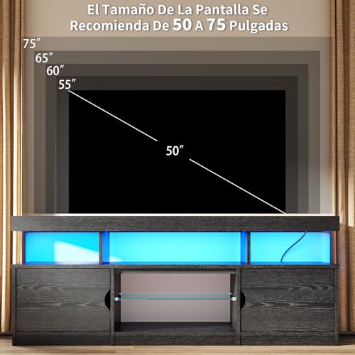 Simple Wisdom Mueble para TV de 75 Pulgadas, Moderno Mueble para TV con tomacorriente, Centro de Interior de Alto Brillo con Almacenamiento y Luces LED, Negro