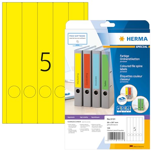 HERMA Self Adhesive Spine Labels, 5 Labels per A4 Sheet, 20 Sheets, 38 x 297 mm, 100 Labels, Blank Lever Arch File Folder Labels Stickers, Sticky Labels for Laser & Inkjet Printer, Yellow