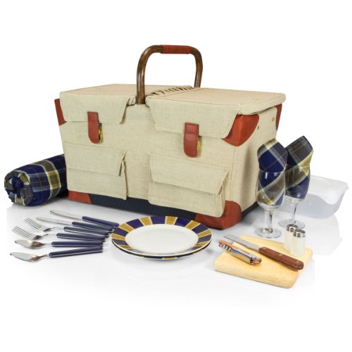 Picnic Time Pioneer Original Design Picnic Basket with Deluxe Service for Two, Tan/Navy