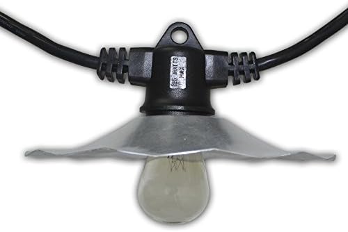 String Light Company Café 35-Ft Outdoor Commercial String Lights with 7 Sockets, Galvanized Shades, and 7 Clear S14 Bulbs, 14 Gauge Black Cord