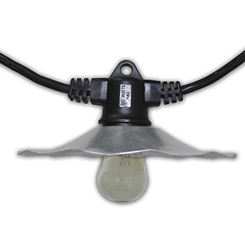 String Light Company Café 35-Ft Outdoor Commercial String Lights with 7 Sockets, Galvanized Shades, and 7 Clear S14 Bulbs, 14 Gauge Black Cord