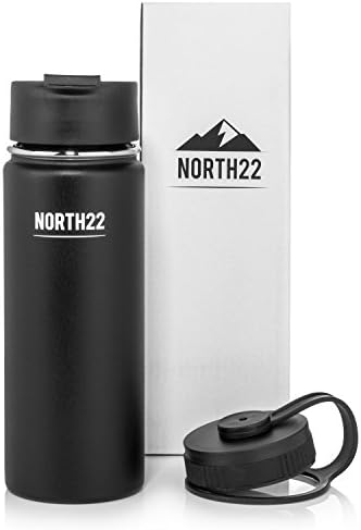 Vacuum Insulated Stainless Steel Bottle – Keep Drinks Hot or Cold – Travel Coffee Mug – Travel Water Bottle – Wide Mouth with 2 Lids – 18oz by NORTH22