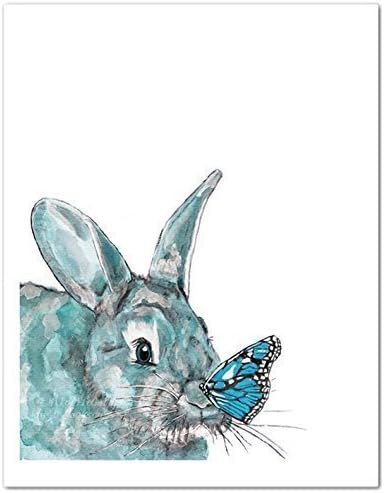 Aqua Blue Bunny with Butterfly Watercolor Art Print 8 x 10