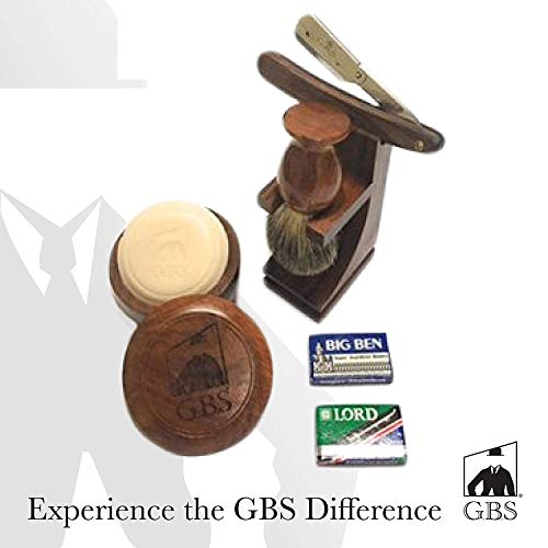 GBS Men's Wood Grooming Set - Professional Barber Straight Edge Shavette Razor Shaving Soap Badger Brush Stand, Shave Soap + DE Blades - Gift Box Premium Wet Shaving and Beard Shaping - Thumbnail 7