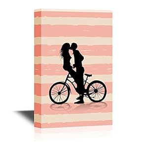 Canvas Wall Art - Romantic Couples Silhouettes with Bike - Gallery Wrap Modern Home Art | Ready to Hang - 12x18 inches