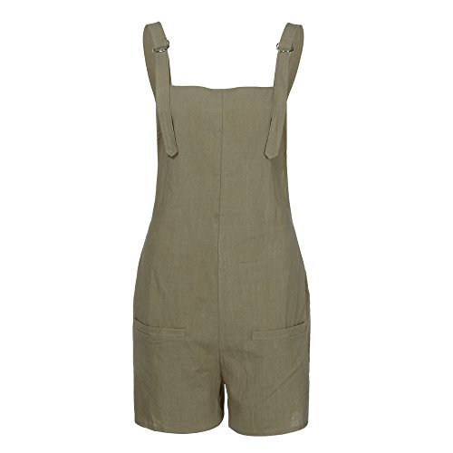 Women's Elastic Waist Jumpsuit Dungarees Linen Cotton Pockets Rompers Playsuit Shorts Pants(Green,M)