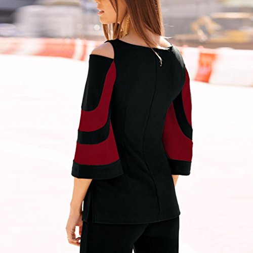 Paymenow Women Cold Shoulder Tops Casual Flare Sleeve Splice Pullover Tops Slim Fit (Red, XXL)
