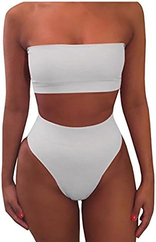Honey Boutique Women Sexy Plain Bandeau Top High Waist Bottom Bikini Set