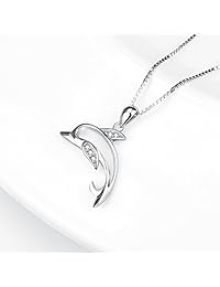 Collar de mujer con delfín de salto de plata de ley 925 pulida y bonito colgante de animal con cadena de 17.7 in